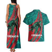 Grenada Sea Turtle Couples Matching Tank Maxi Dress and Hawaiian Shirt with Red Wave Stripes and Ocean Water Background - Wonder Print Shop