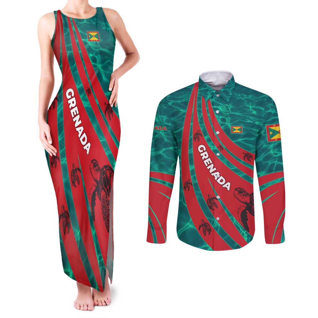 Grenada Sea Turtle Couples Matching Tank Maxi Dress and Long Sleeve Button Shirt with Red Wave Stripes and Ocean Water Background - Wonder Print Shop
