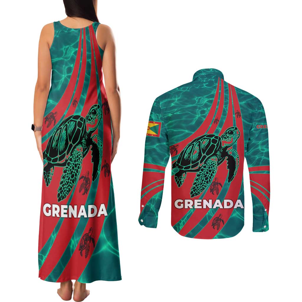 Grenada Sea Turtle Couples Matching Tank Maxi Dress and Long Sleeve Button Shirt with Red Wave Stripes and Ocean Water Background - Wonder Print Shop