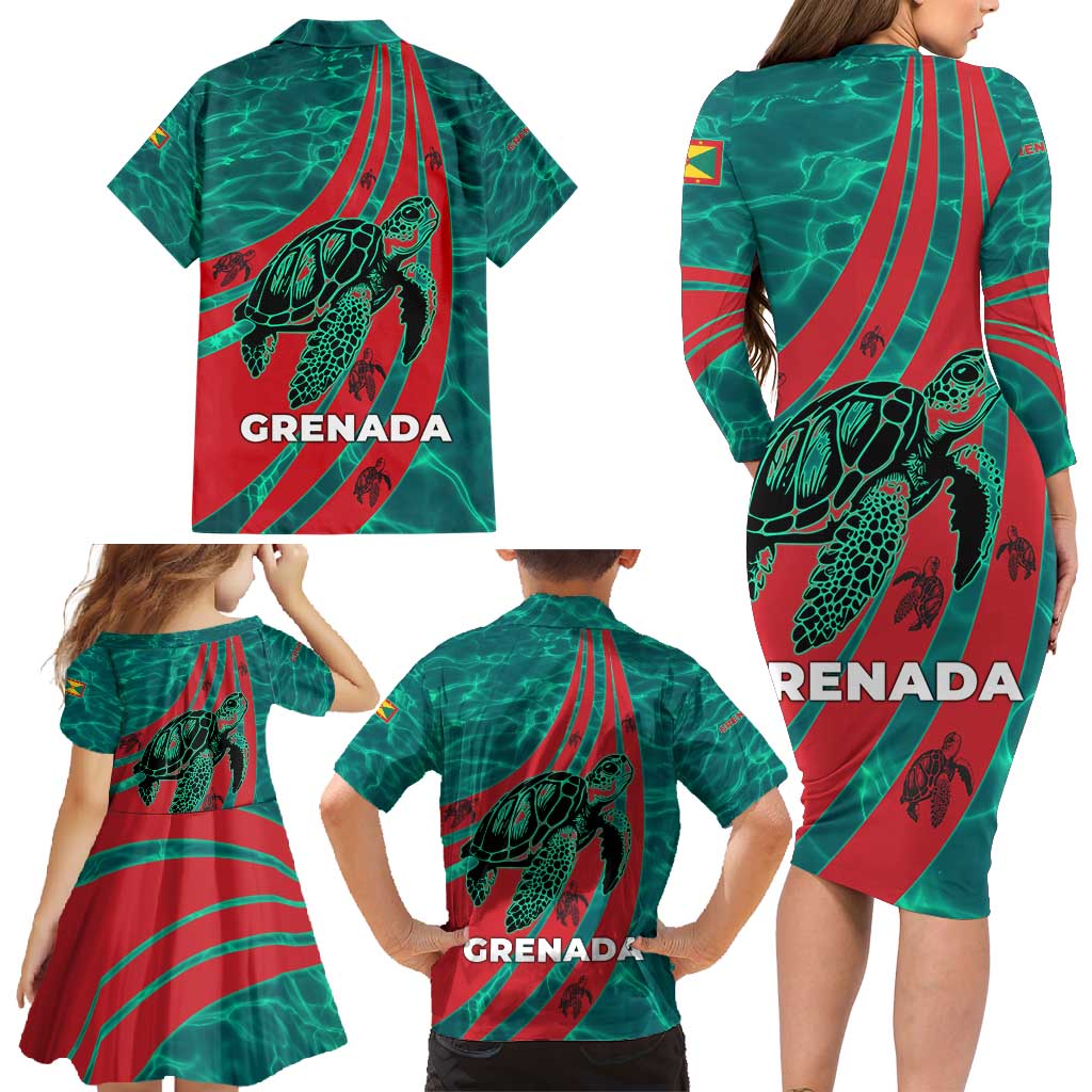 Grenada Sea Turtle Family Matching Long Sleeve Bodycon Dress and Hawaiian Shirt with Red Wave Stripes and Ocean Water Background - Wonder Print Shop
