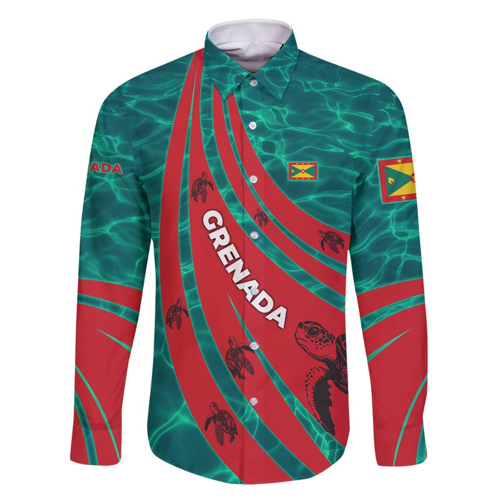 Grenada Sea Turtle Family Matching Long Sleeve Bodycon Dress and Hawaiian Shirt with Red Wave Stripes and Ocean Water Background - Wonder Print Shop
