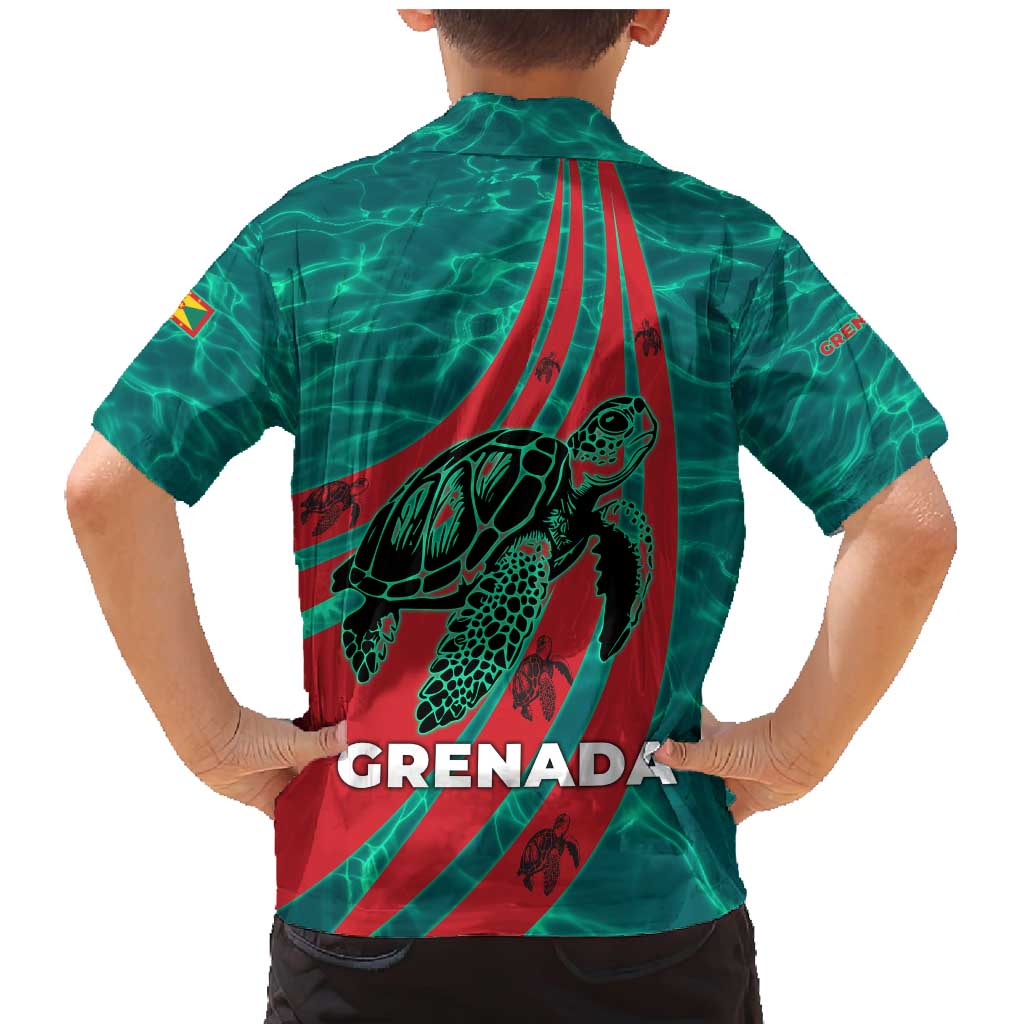 Grenada Sea Turtle Family Matching Mermaid Dress and Hawaiian Shirt with Red Wave Stripes and Ocean Water Background - Wonder Print Shop