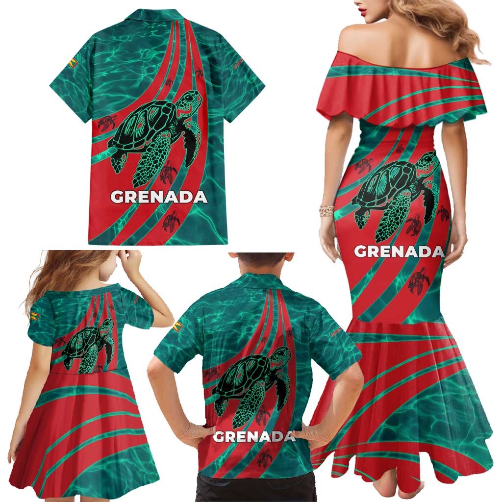 Grenada Sea Turtle Family Matching Mermaid Dress and Hawaiian Shirt with Red Wave Stripes and Ocean Water Background - Wonder Print Shop
