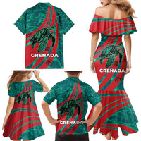 Grenada Sea Turtle Family Matching Mermaid Dress and Hawaiian Shirt with Red Wave Stripes and Ocean Water Background - Wonder Print Shop