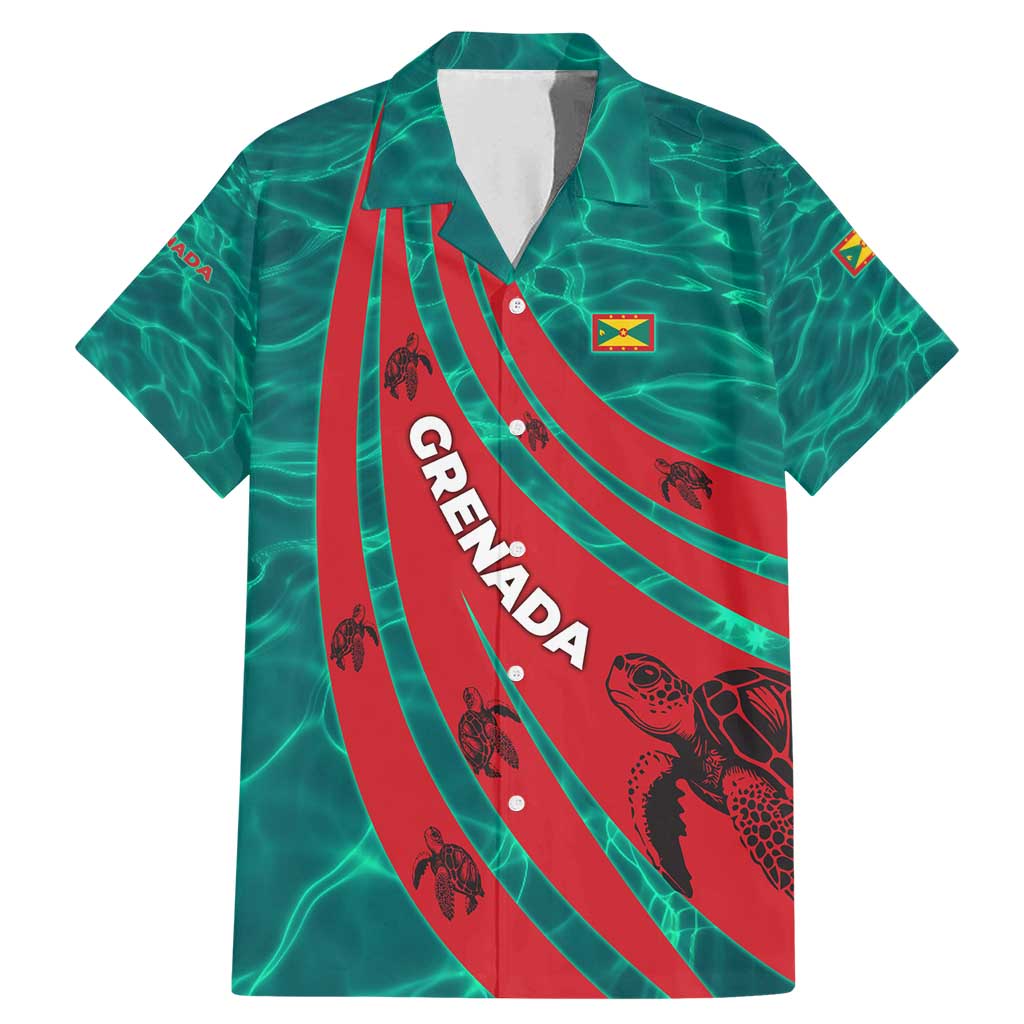 Grenada Sea Turtle Family Matching Mermaid Dress and Hawaiian Shirt with Red Wave Stripes and Ocean Water Background - Wonder Print Shop