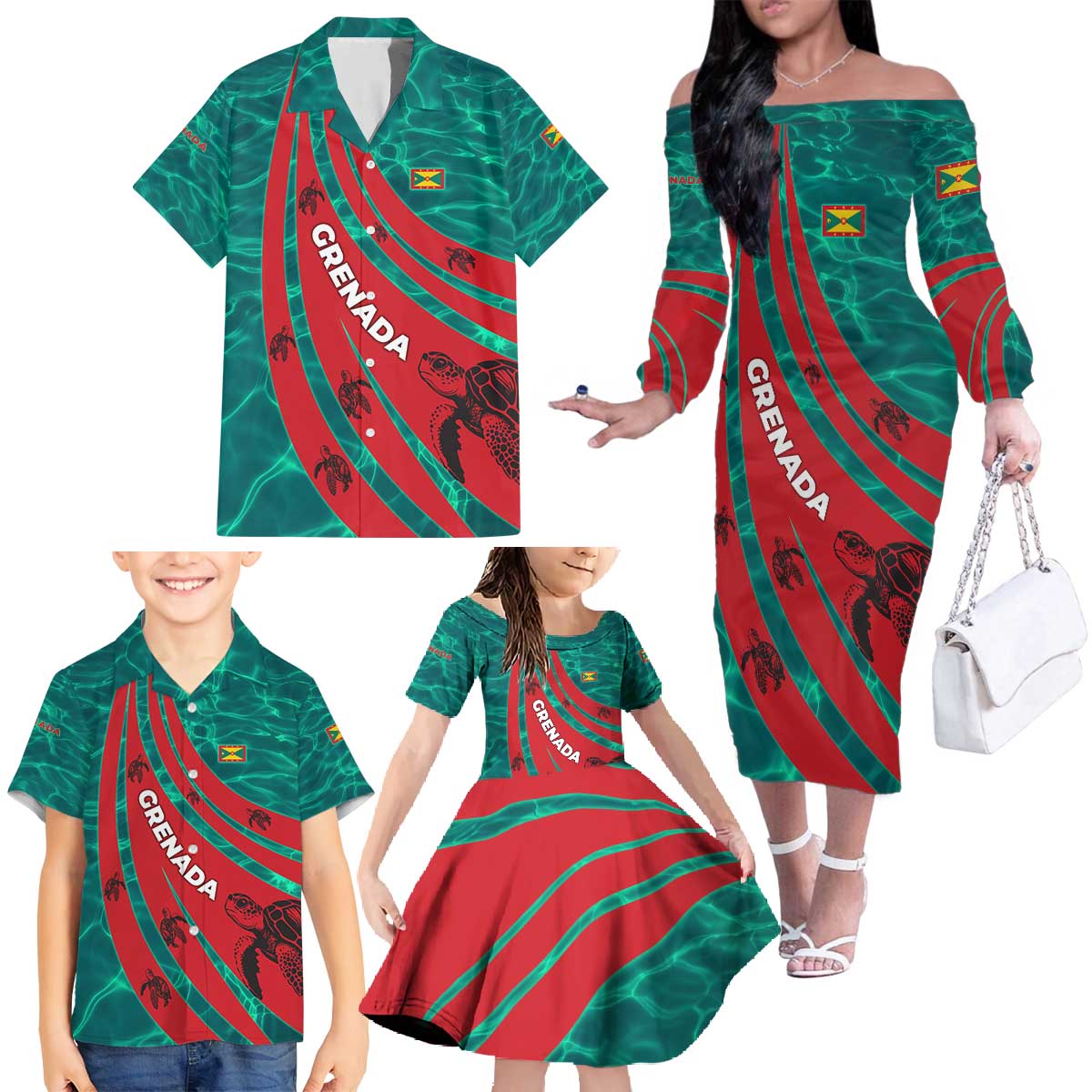 Grenada Sea Turtle Family Matching Off The Shoulder Long Sleeve Dress and Hawaiian Shirt with Red Wave Stripes and Ocean Water Background - Wonder Print Shop
