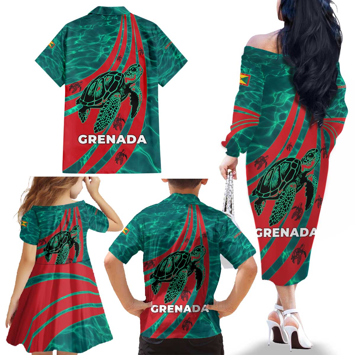 Grenada Sea Turtle Family Matching Off The Shoulder Long Sleeve Dress and Hawaiian Shirt with Red Wave Stripes and Ocean Water Background - Wonder Print Shop
