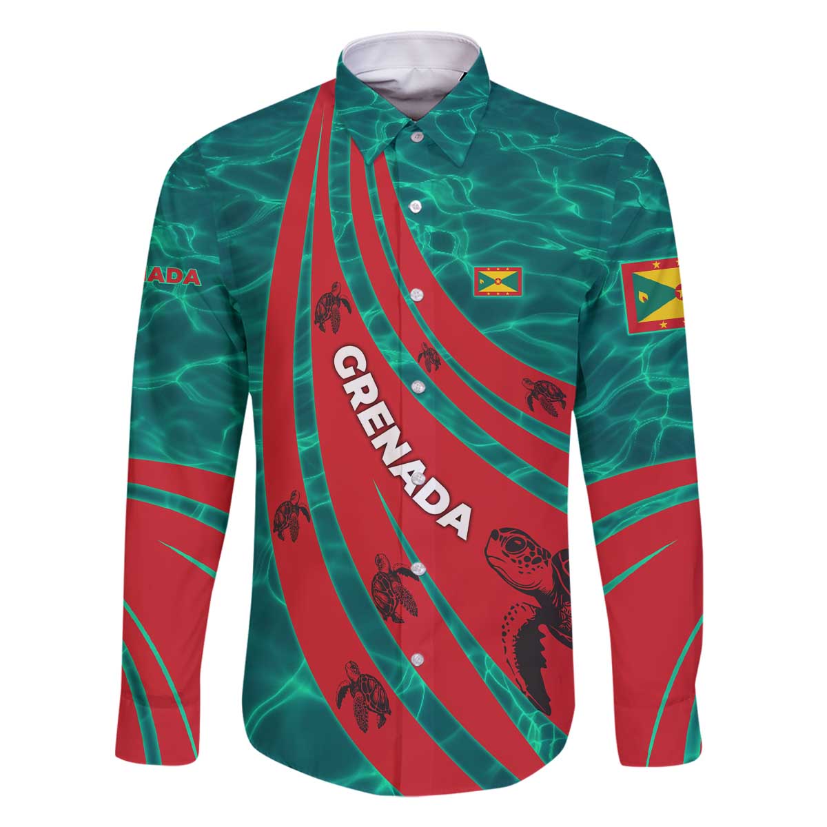 Grenada Sea Turtle Family Matching Off The Shoulder Long Sleeve Dress and Hawaiian Shirt with Red Wave Stripes and Ocean Water Background - Wonder Print Shop