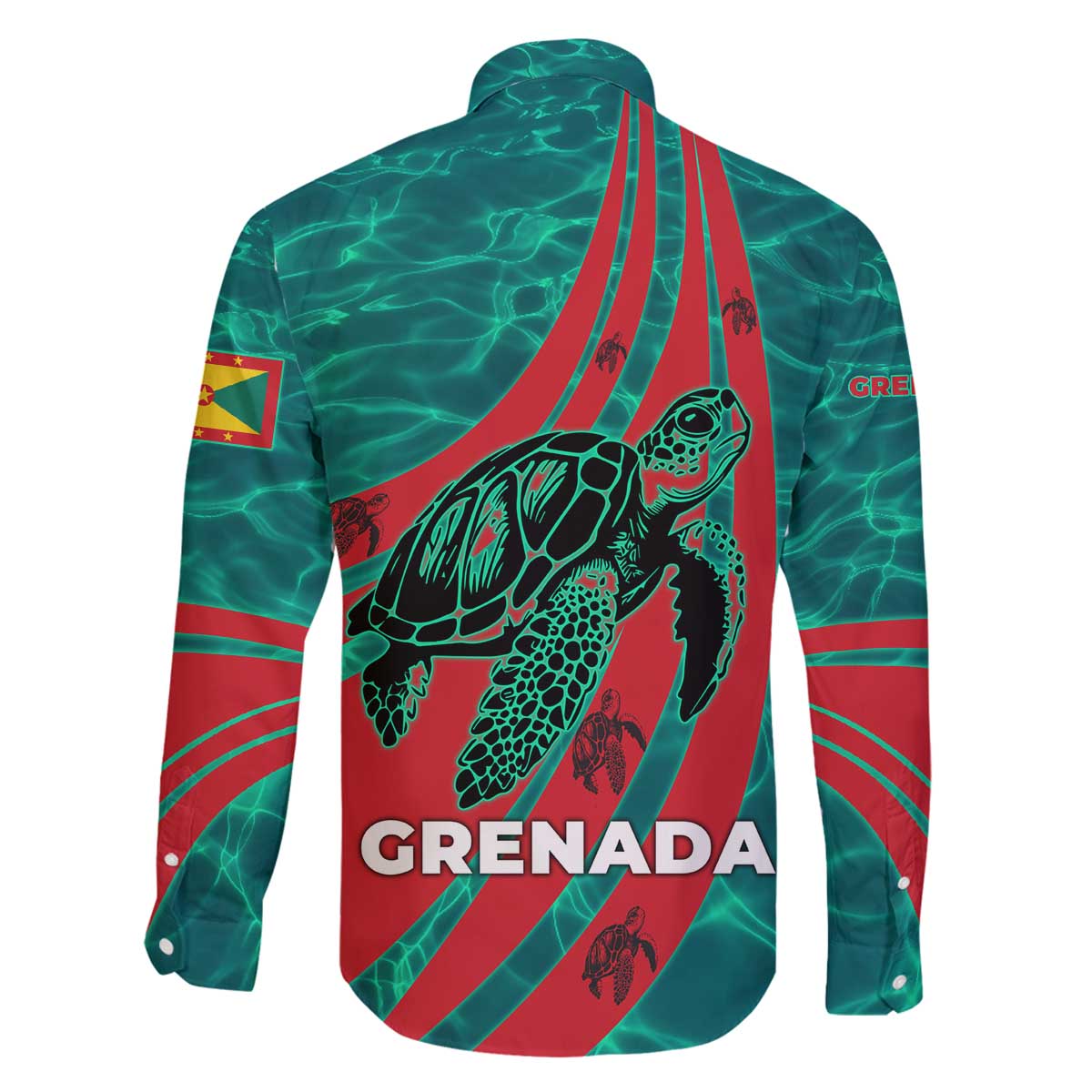 Grenada Sea Turtle Family Matching Off The Shoulder Long Sleeve Dress and Hawaiian Shirt with Red Wave Stripes and Ocean Water Background - Wonder Print Shop