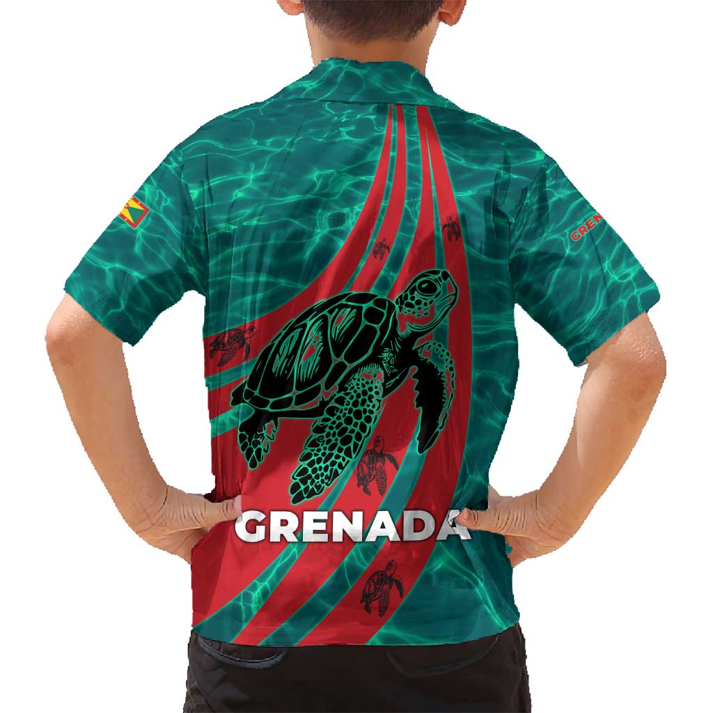 Grenada Sea Turtle Family Matching Off Shoulder Maxi Dress and Hawaiian Shirt with Red Wave Stripes and Ocean Water Background - Wonder Print Shop