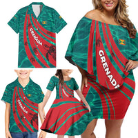 Grenada Sea Turtle Family Matching Off Shoulder Short Dress and Hawaiian Shirt with Red Wave Stripes and Ocean Water Background - Wonder Print Shop
