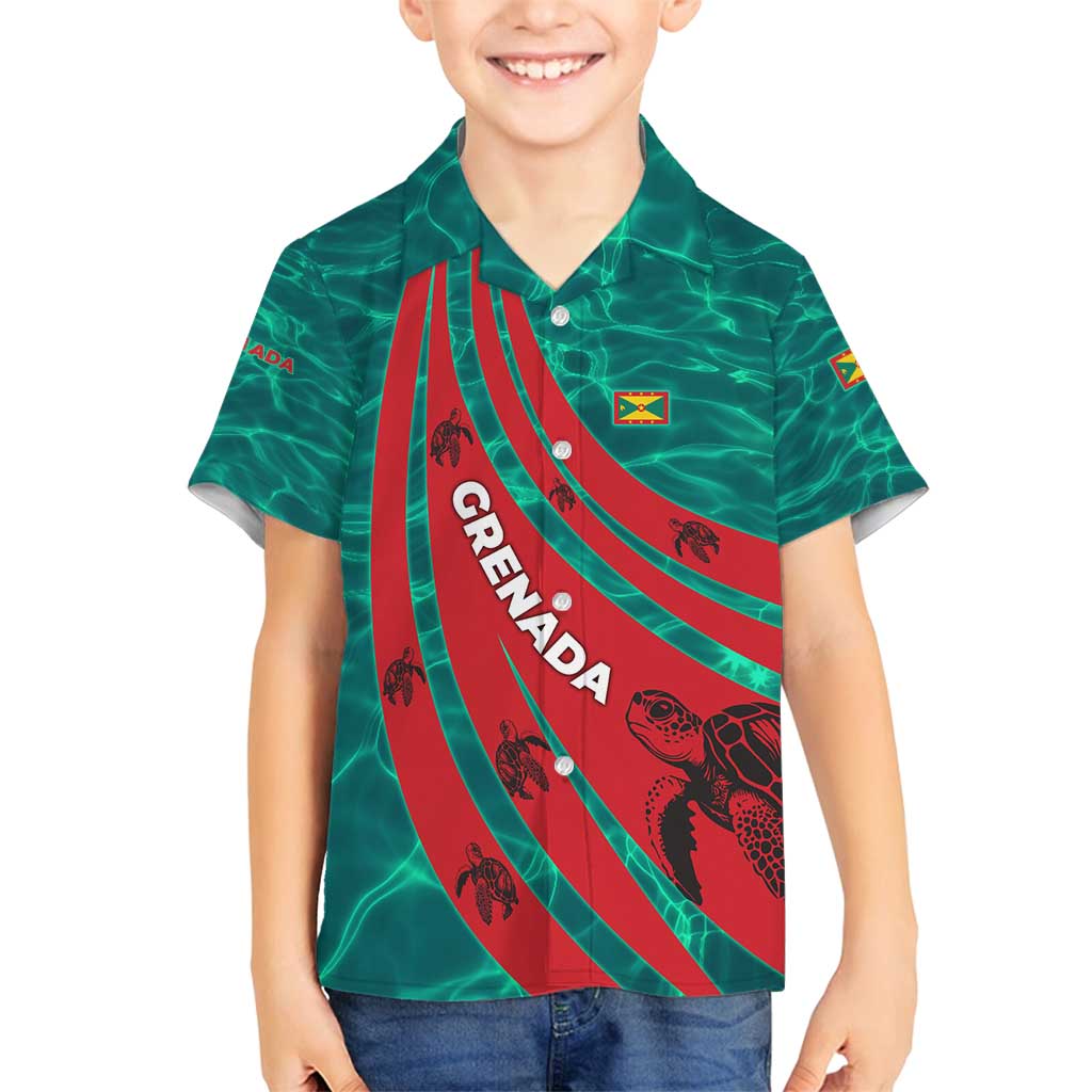 Grenada Sea Turtle Family Matching Off Shoulder Short Dress and Hawaiian Shirt with Red Wave Stripes and Ocean Water Background - Wonder Print Shop
