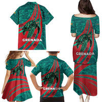 Grenada Sea Turtle Family Matching Puletasi and Hawaiian Shirt with Red Wave Stripes and Ocean Water Background - Wonder Print Shop