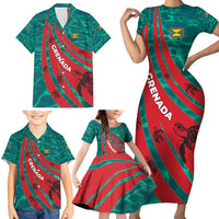 Grenada Sea Turtle Family Matching Short Sleeve Bodycon Dress and Hawaiian Shirt with Red Wave Stripes and Ocean Water Background - Wonder Print Shop