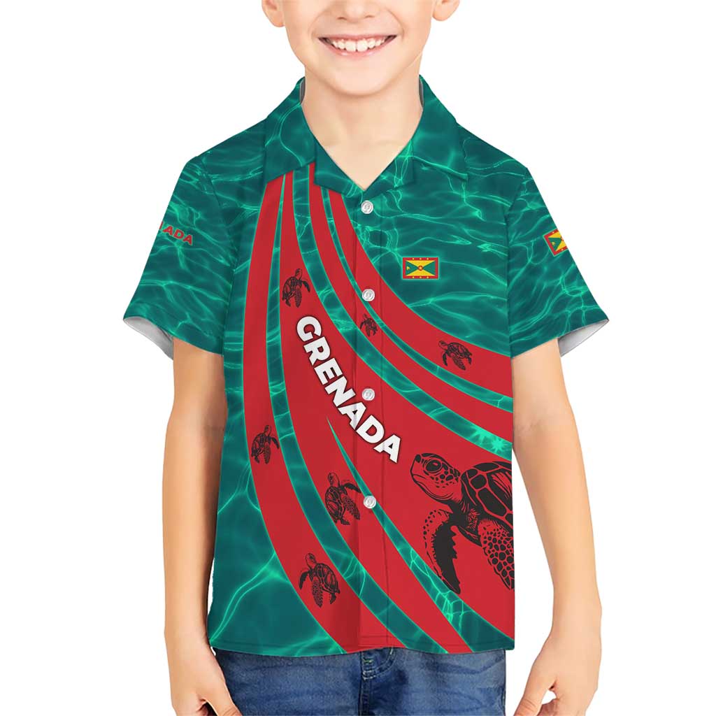 Grenada Sea Turtle Family Matching Short Sleeve Bodycon Dress and Hawaiian Shirt with Red Wave Stripes and Ocean Water Background - Wonder Print Shop