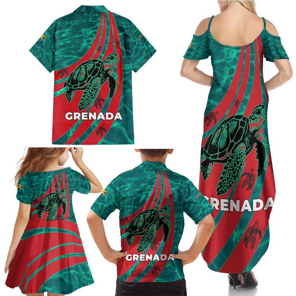 Grenada Sea Turtle Family Matching Summer Maxi Dress and Hawaiian Shirt with Red Wave Stripes and Ocean Water Background - Wonder Print Shop