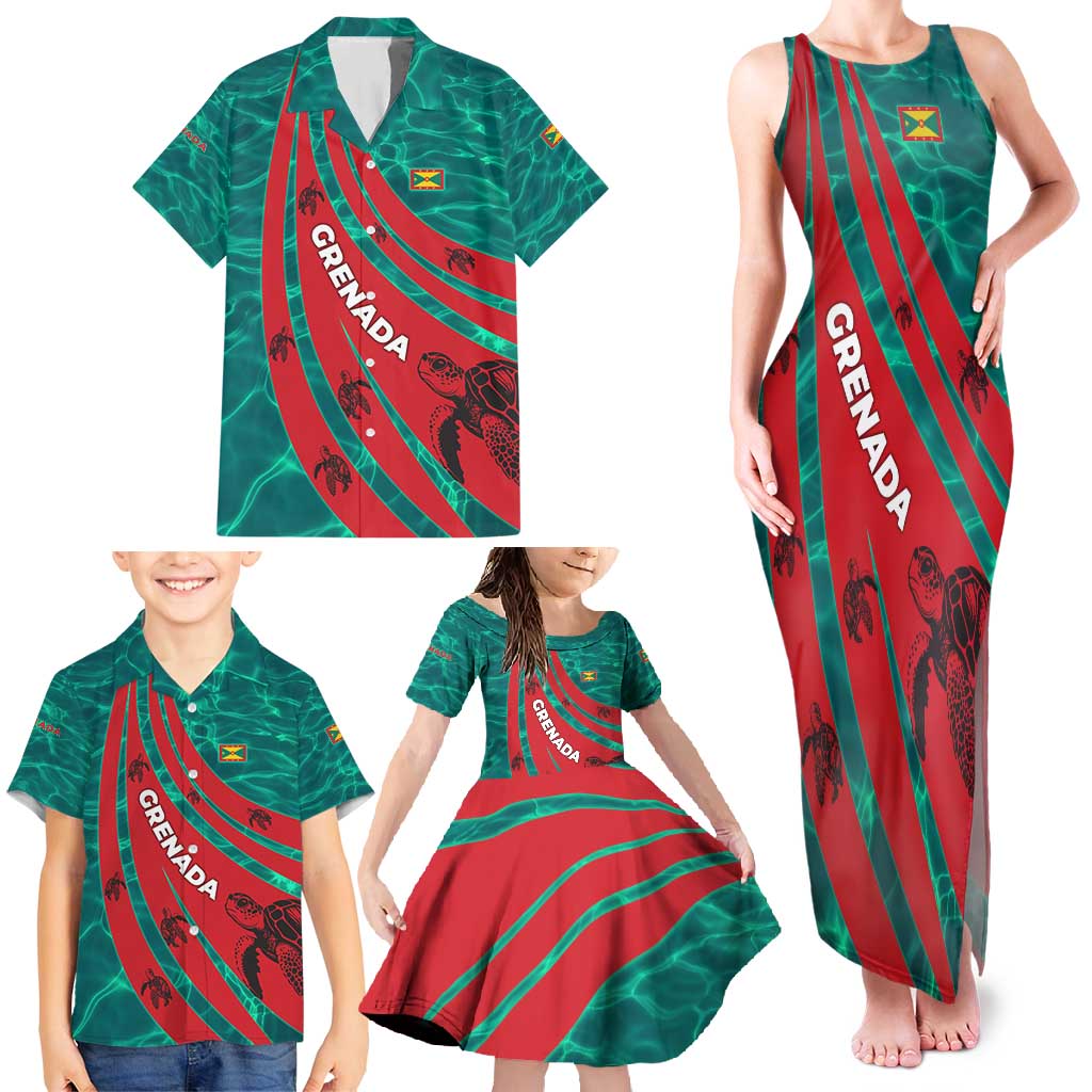 Grenada Sea Turtle Family Matching Tank Maxi Dress and Hawaiian Shirt with Red Wave Stripes and Ocean Water Background - Wonder Print Shop