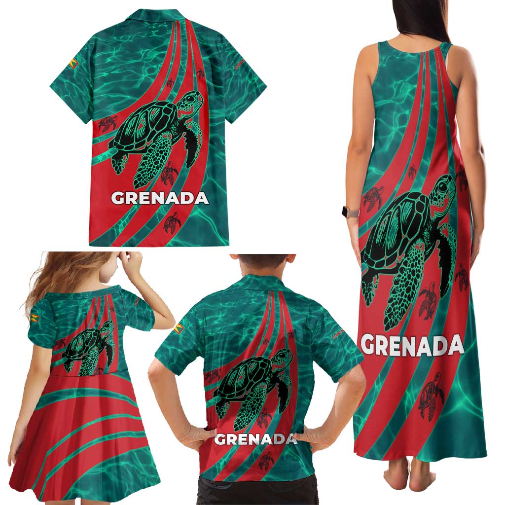 Grenada Sea Turtle Family Matching Tank Maxi Dress and Hawaiian Shirt with Red Wave Stripes and Ocean Water Background - Wonder Print Shop