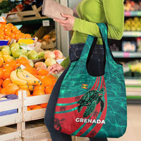 Grenada Sea Turtle Grocery Bag with Red Wave Stripes and Ocean Water Background - Wonder Print Shop