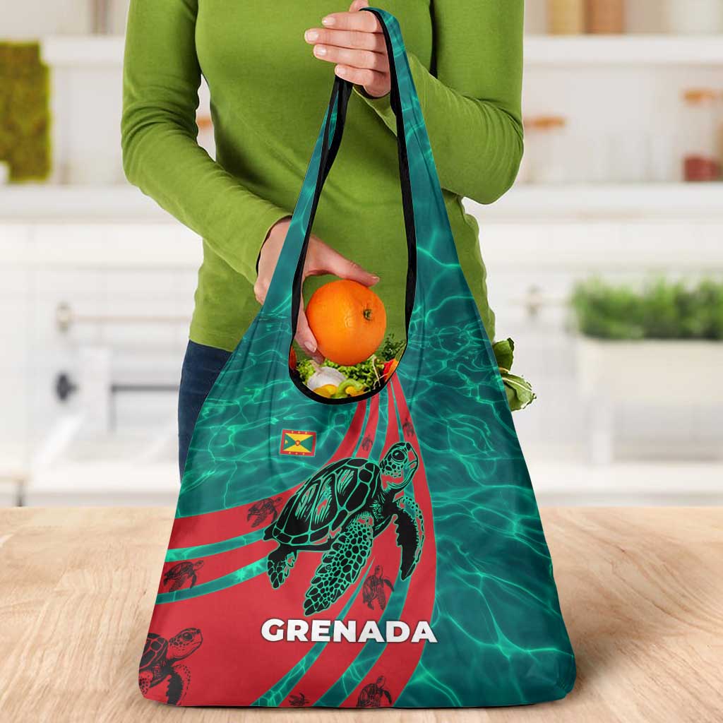 Grenada Sea Turtle Grocery Bag with Red Wave Stripes and Ocean Water Background - Wonder Print Shop