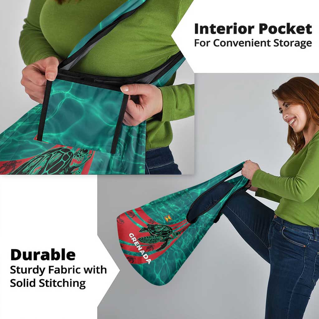 Grenada Sea Turtle Grocery Bag with Red Wave Stripes and Ocean Water Background - Wonder Print Shop