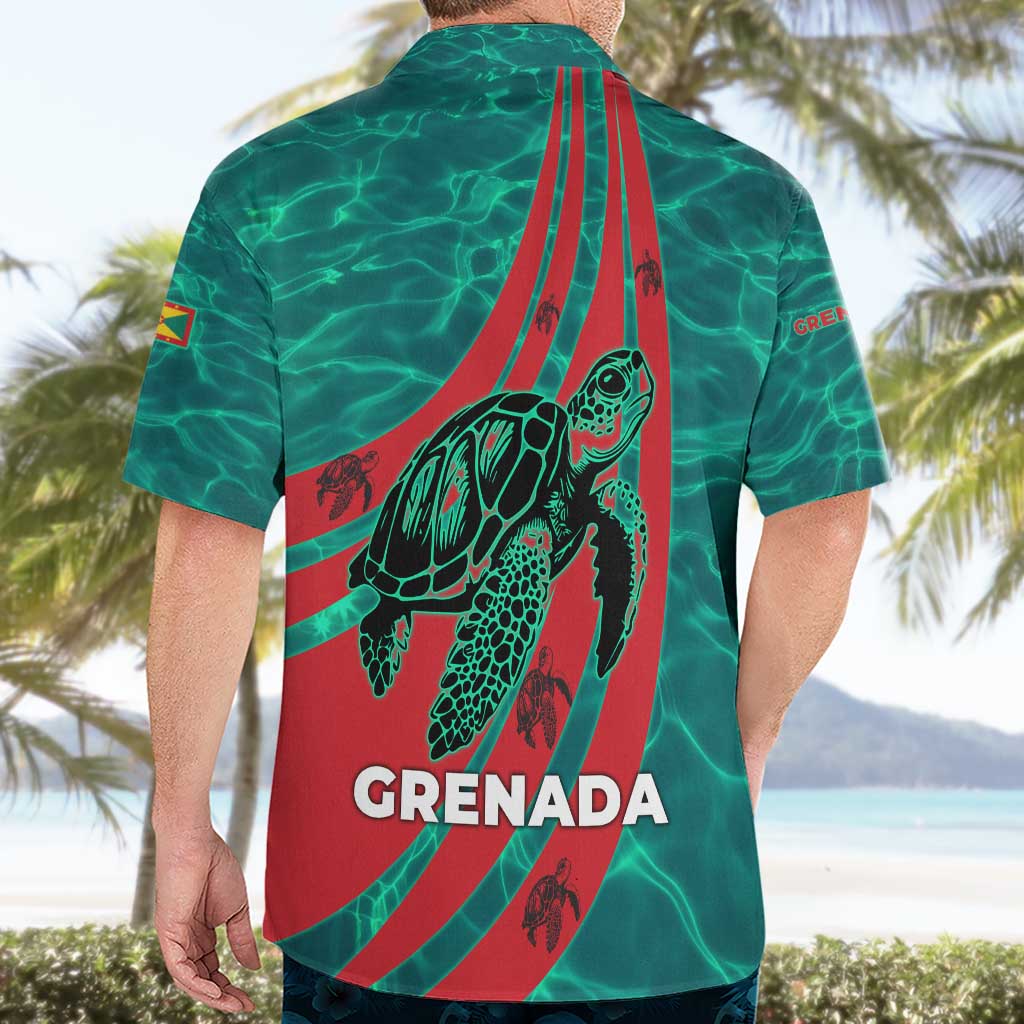 Grenada Sea Turtle Hawaiian Shirt with Red Wave Stripes and Ocean Water Background - Wonder Print Shop