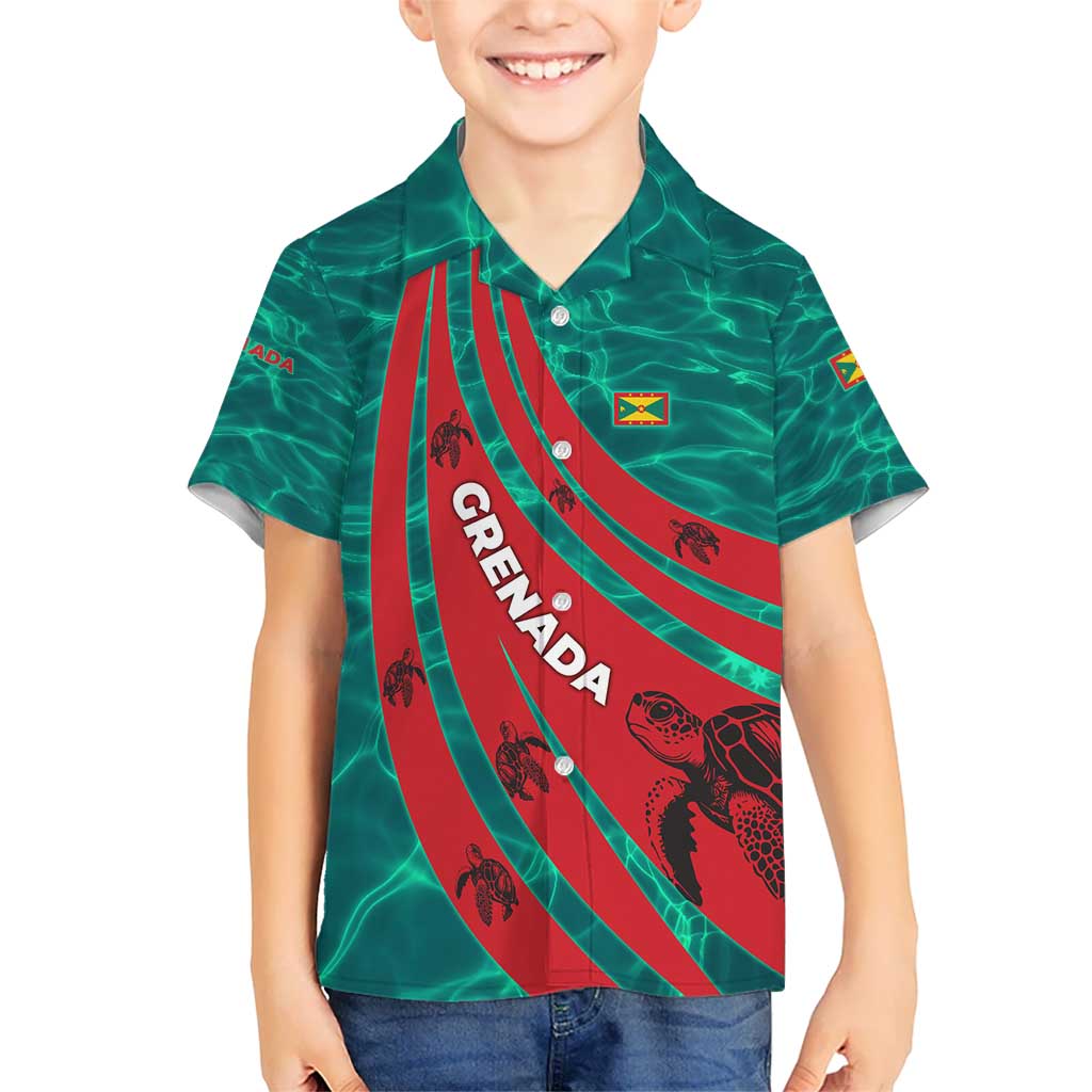 Grenada Sea Turtle Hawaiian Shirt with Red Wave Stripes and Ocean Water Background - Wonder Print Shop