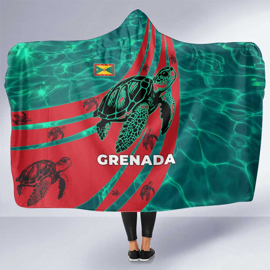 Grenada Sea Turtle Hooded Blanket with Red Wave Stripes and Ocean Water Background - Wonder Print Shop