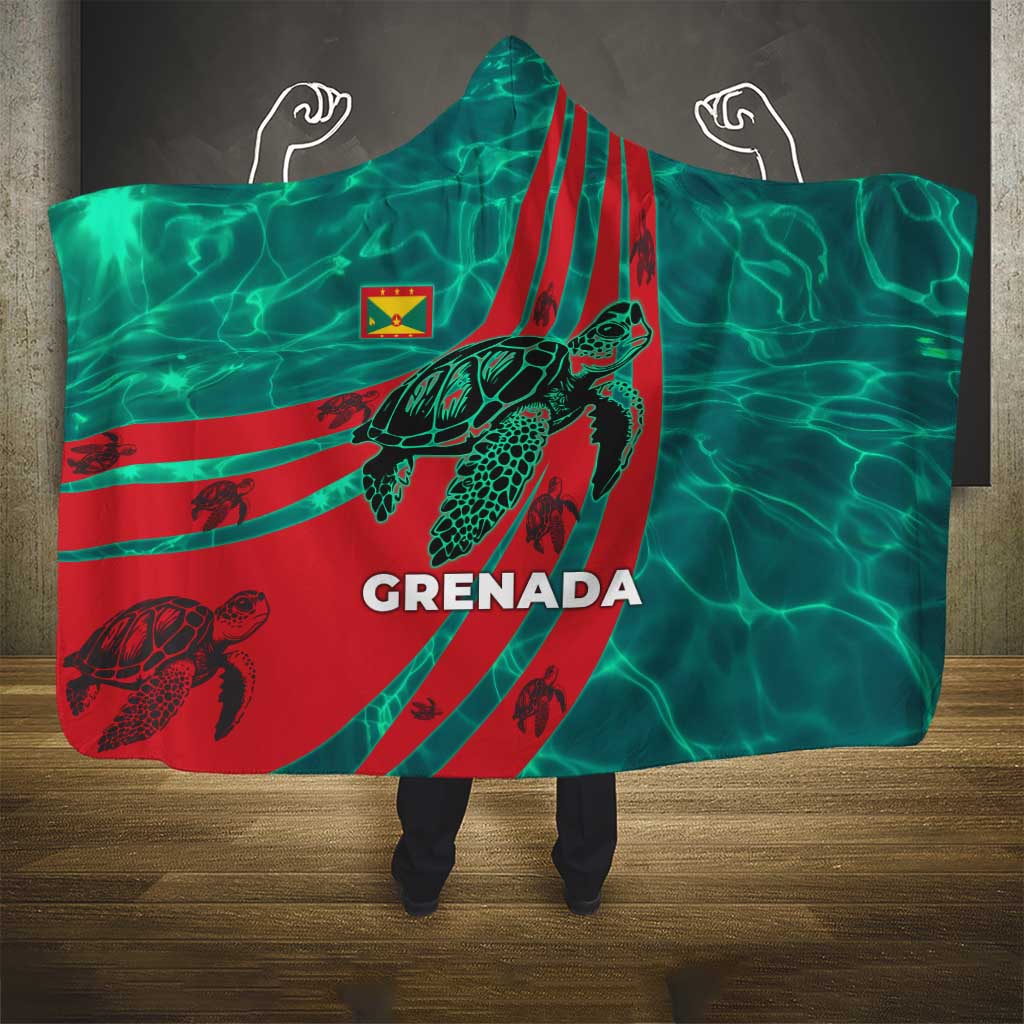 Grenada Sea Turtle Hooded Blanket with Red Wave Stripes and Ocean Water Background - Wonder Print Shop