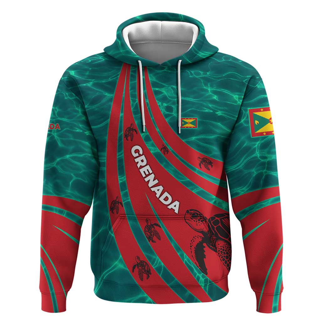 Grenada Sea Turtle Hoodie with Red Wave Stripes and Ocean Water Background - Wonder Print Shop