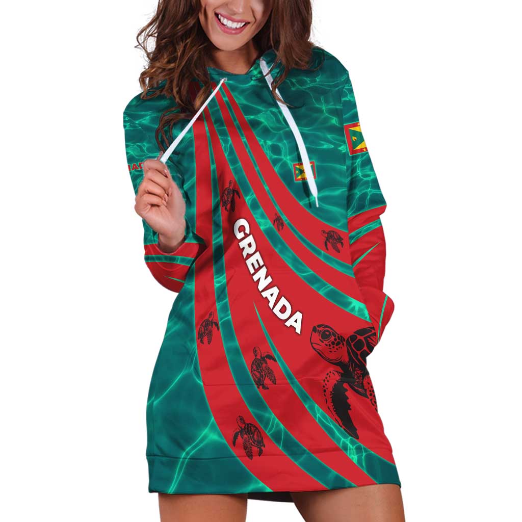 Grenada Sea Turtle Hoodie Dress with Red Wave Stripes and Ocean Water Background - Wonder Print Shop