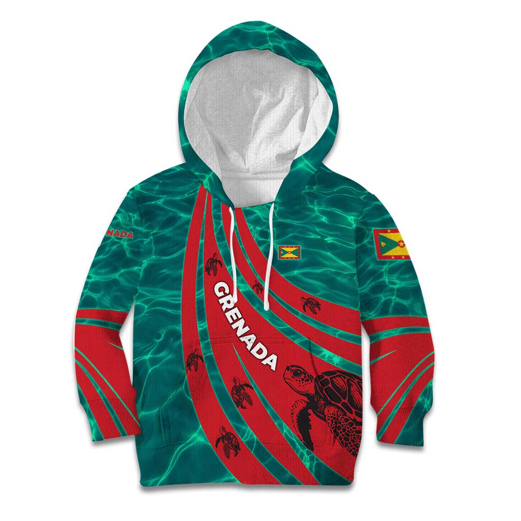 Grenada Sea Turtle Kid Hoodie with Red Wave Stripes and Ocean Water Background - Wonder Print Shop