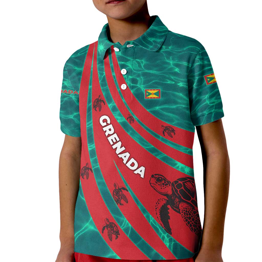 Grenada Sea Turtle Kid Polo Shirt with Red Wave Stripes and Ocean Water Background - Wonder Print Shop
