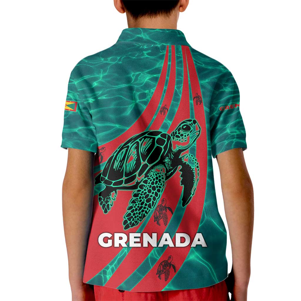 Grenada Sea Turtle Kid Polo Shirt with Red Wave Stripes and Ocean Water Background - Wonder Print Shop