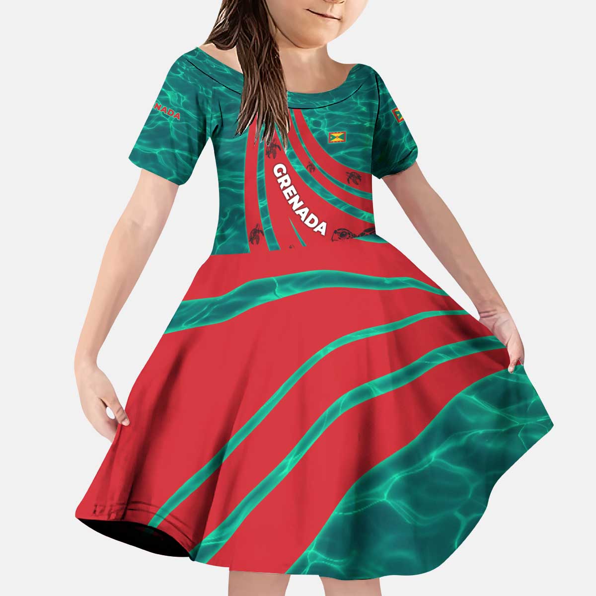 Grenada Sea Turtle Kid Short Sleeve Dress with Red Wave Stripes and Ocean Water Background - Wonder Print Shop