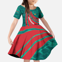 Grenada Sea Turtle Kid Short Sleeve Dress with Red Wave Stripes and Ocean Water Background - Wonder Print Shop