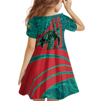 Grenada Sea Turtle Kid Short Sleeve Dress with Red Wave Stripes and Ocean Water Background - Wonder Print Shop