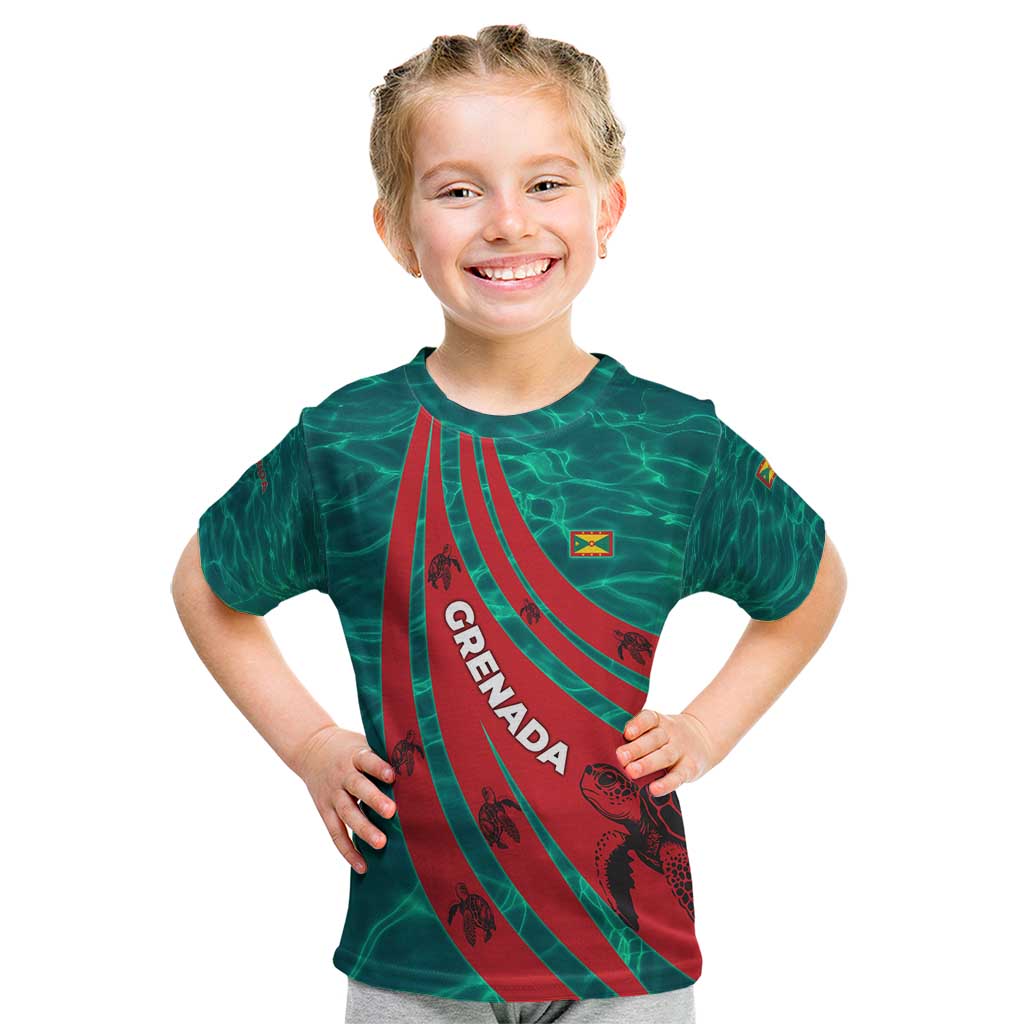 Grenada Sea Turtle Kid T Shirt with Red Wave Stripes and Ocean Water Background - Wonder Print Shop
