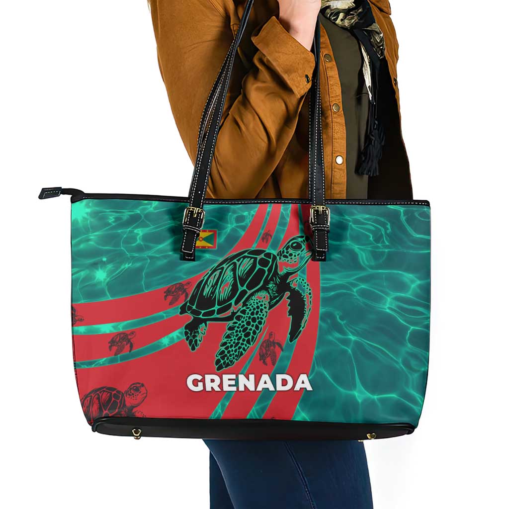 Grenada Sea Turtle Leather Tote Bag with Red Wave Stripes and Ocean Water Background - Wonder Print Shop