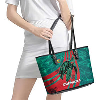 Grenada Sea Turtle Leather Tote Bag with Red Wave Stripes and Ocean Water Background - Wonder Print Shop