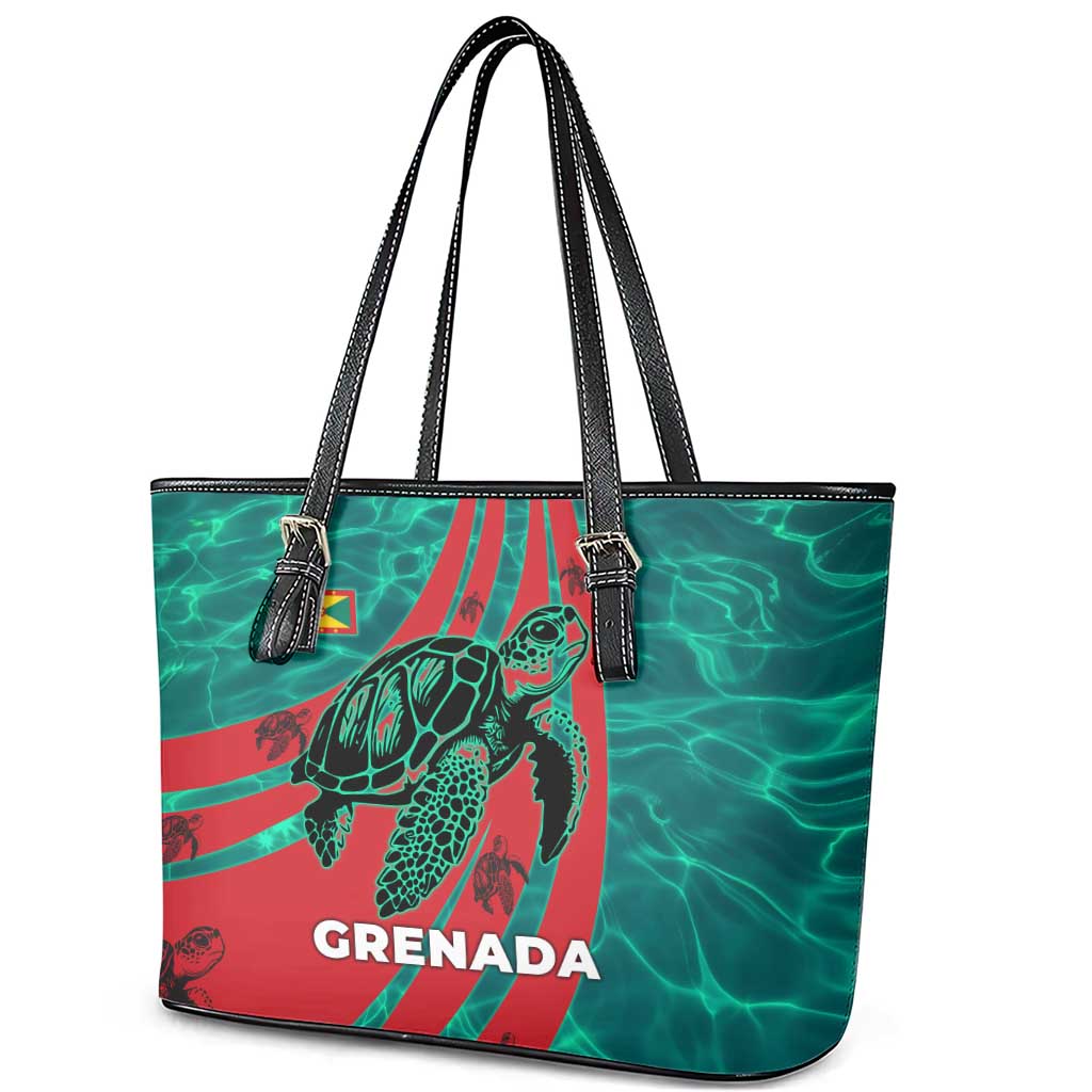 Grenada Sea Turtle Leather Tote Bag with Red Wave Stripes and Ocean Water Background - Wonder Print Shop
