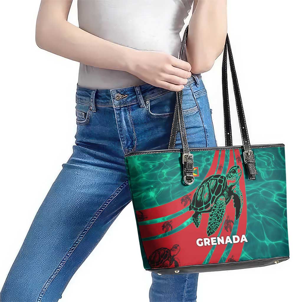 Grenada Sea Turtle Leather Tote Bag with Red Wave Stripes and Ocean Water Background - Wonder Print Shop