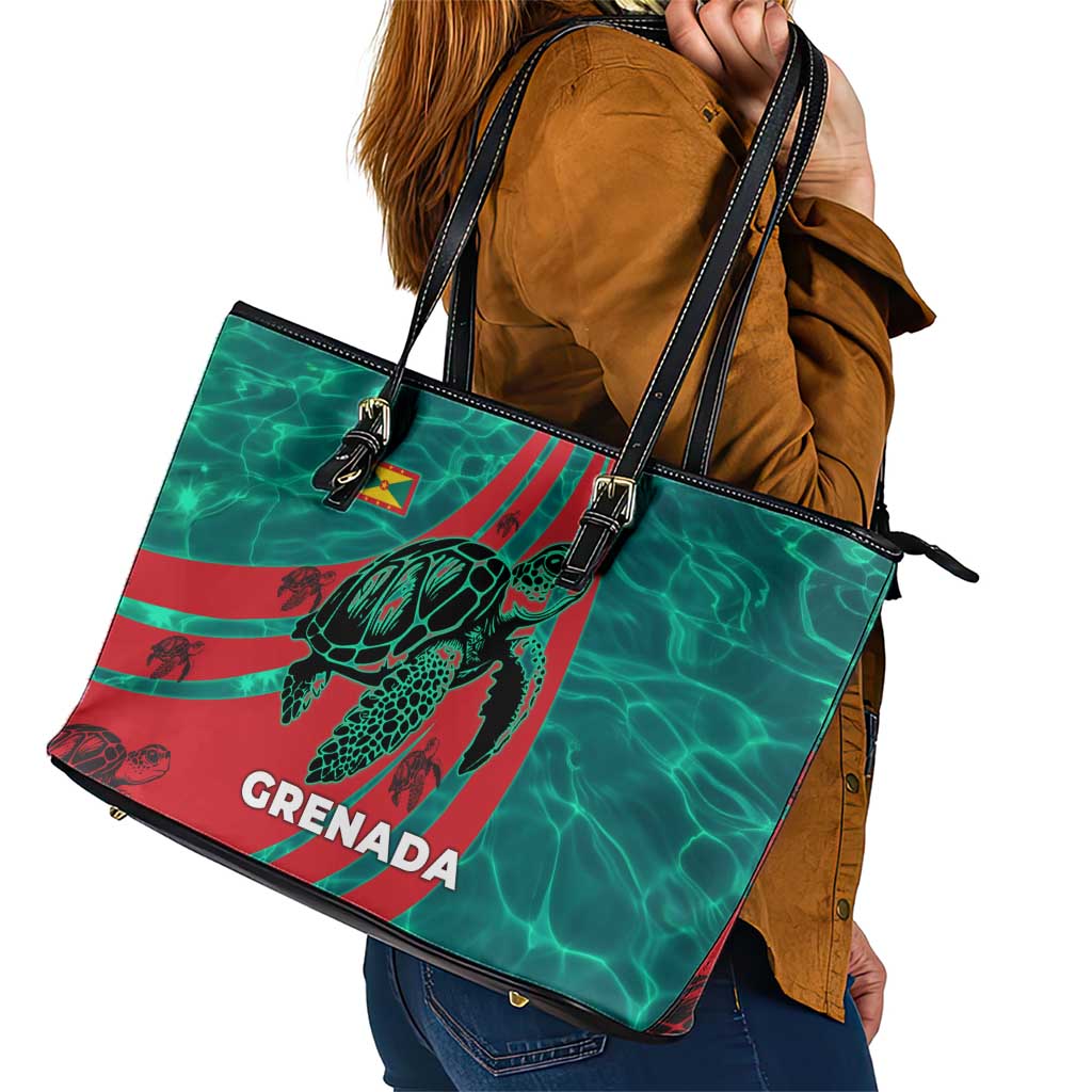 Grenada Sea Turtle Leather Tote Bag with Red Wave Stripes and Ocean Water Background - Wonder Print Shop