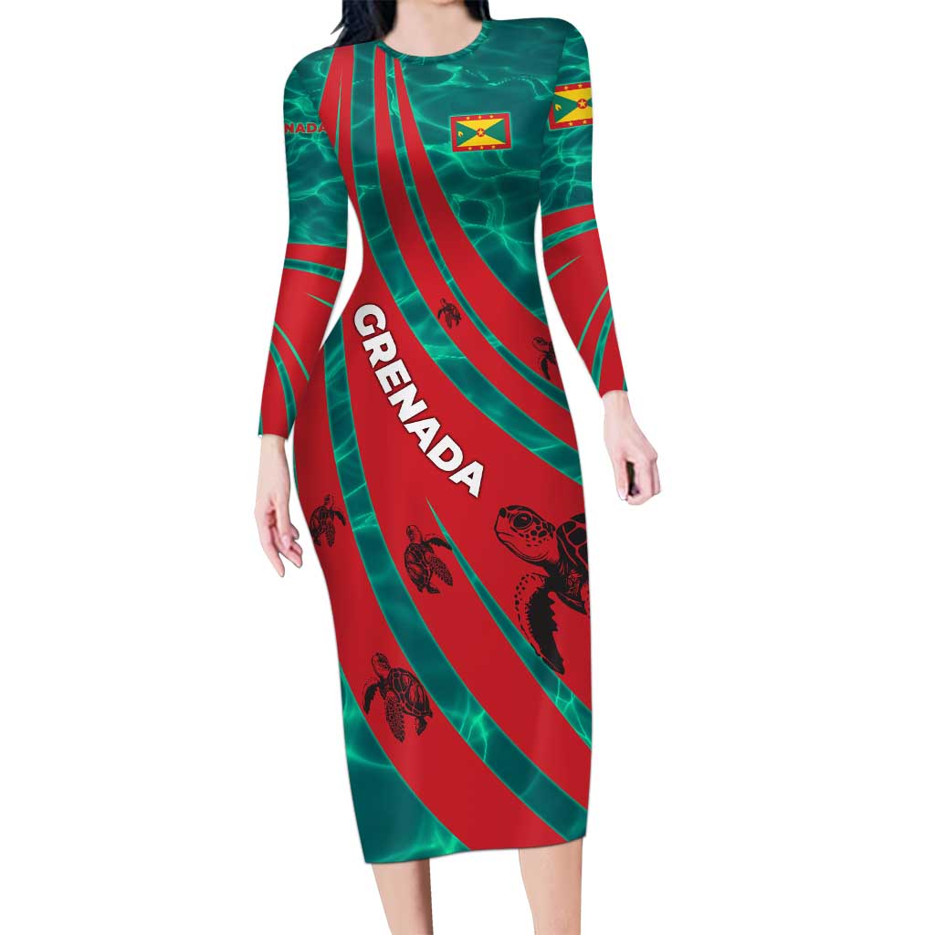 Grenada Sea Turtle Long Sleeve Bodycon Dress with Red Wave Stripes and Ocean Water Background - Wonder Print Shop