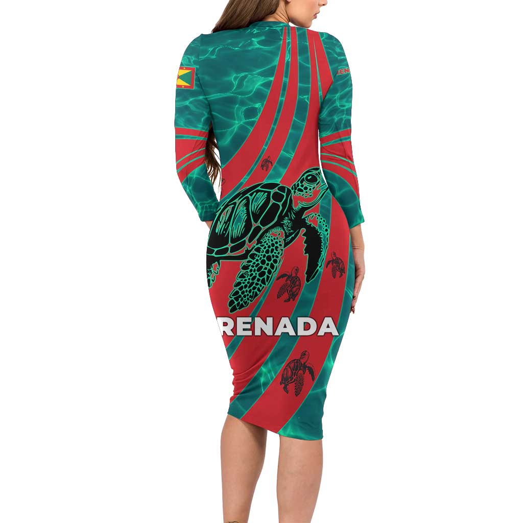 Grenada Sea Turtle Long Sleeve Bodycon Dress with Red Wave Stripes and Ocean Water Background - Wonder Print Shop