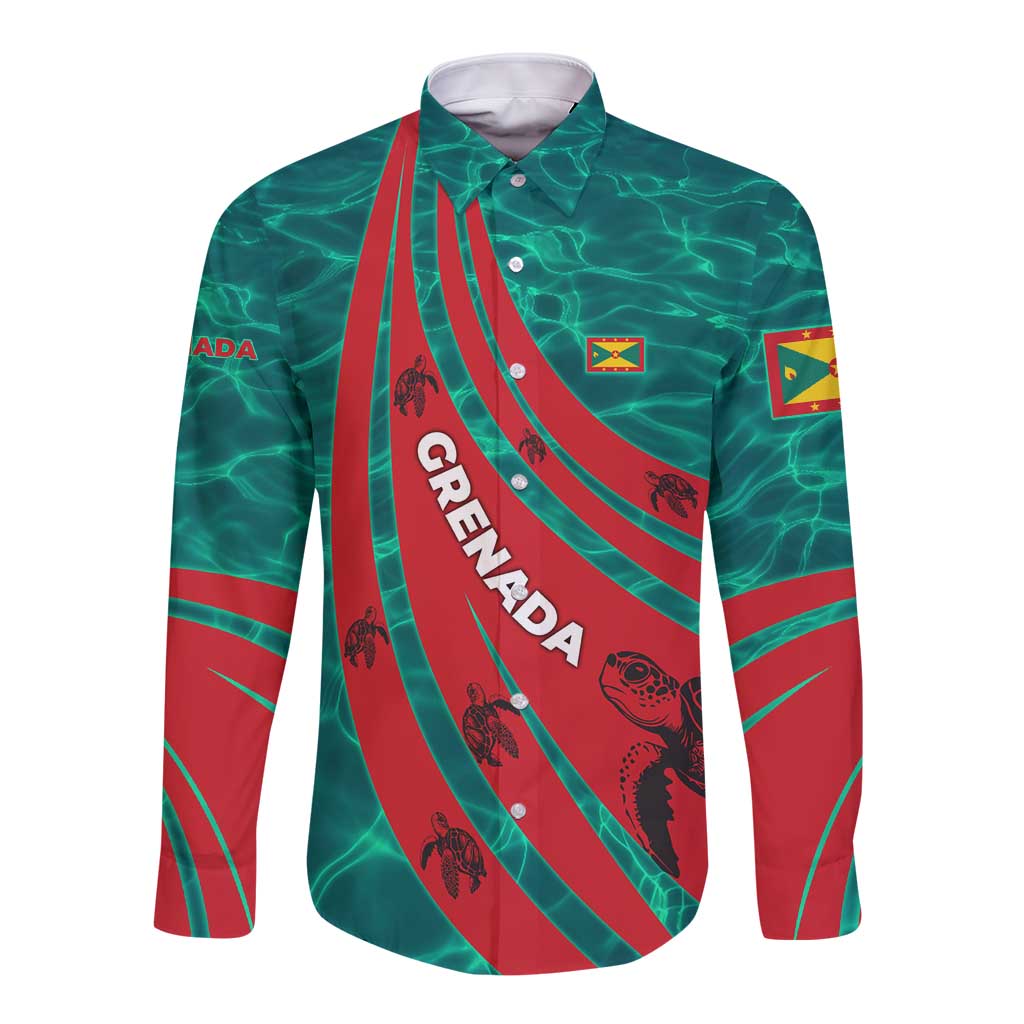 Grenada Sea Turtle Long Sleeve Button Shirt with Red Wave Stripes and Ocean Water Background - Wonder Print Shop