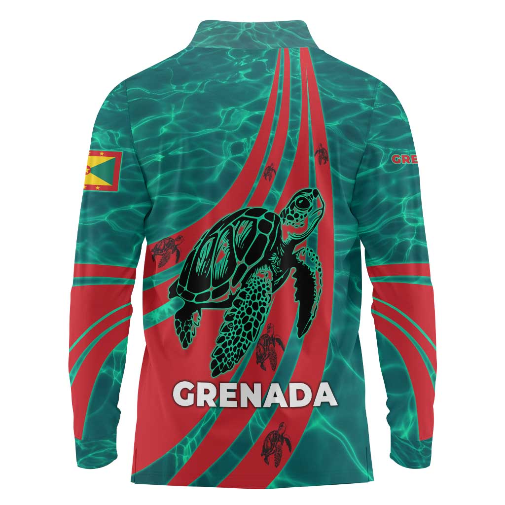 Grenada Sea Turtle Long Sleeve Polo Shirt with Red Wave Stripes and Ocean Water Background - Wonder Print Shop