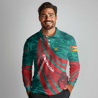 Grenada Sea Turtle Long Sleeve Polo Shirt with Red Wave Stripes and Ocean Water Background - Wonder Print Shop