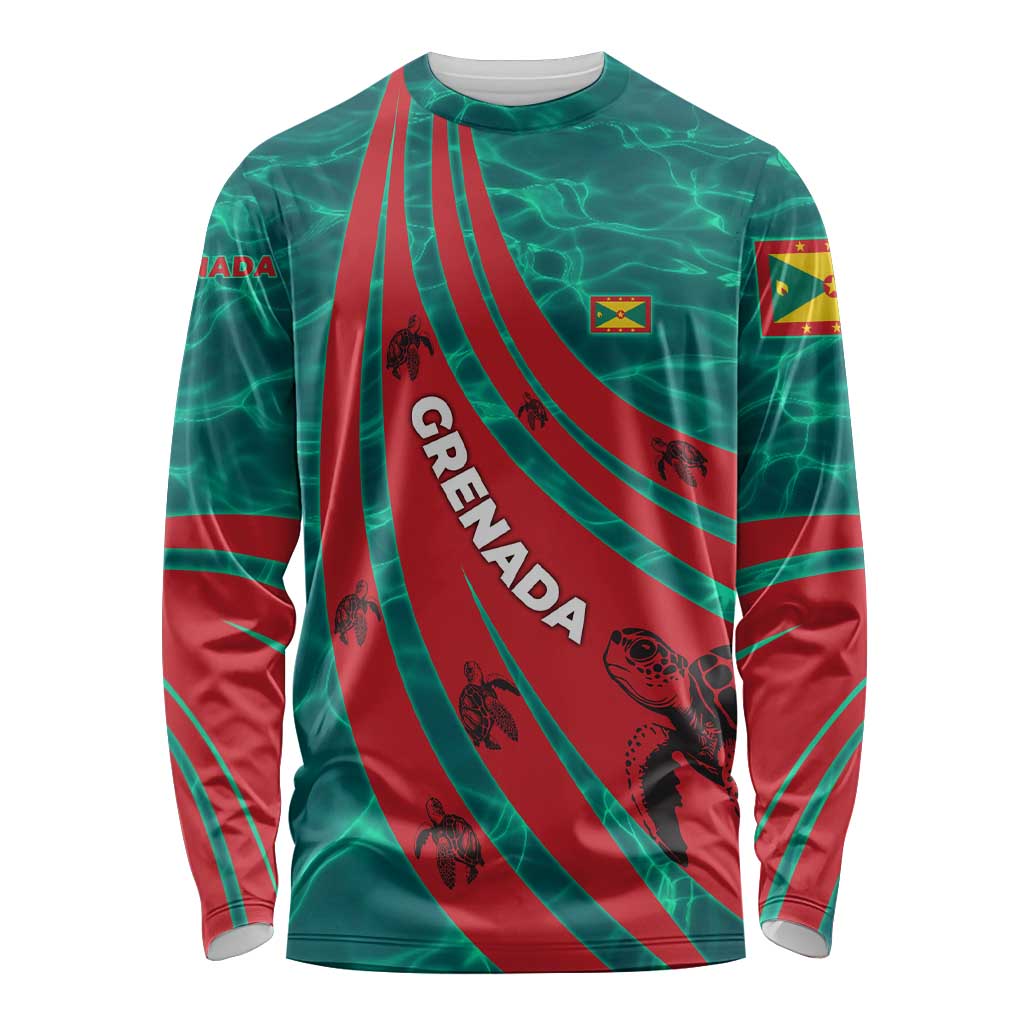 Grenada Sea Turtle Long Sleeve Shirt with Red Wave Stripes and Ocean Water Background - Wonder Print Shop