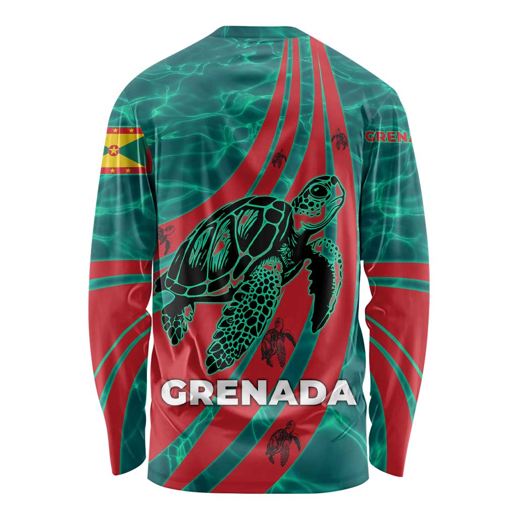Grenada Sea Turtle Long Sleeve Shirt with Red Wave Stripes and Ocean Water Background - Wonder Print Shop